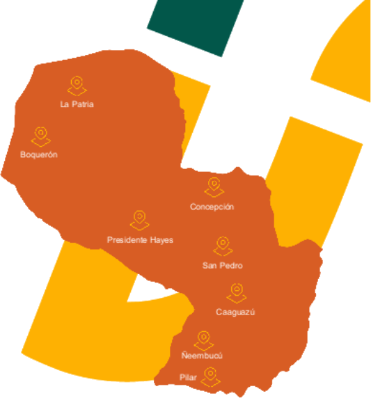 Mapa de Paraguay con la cobertura de Zoopplier: La Patria, Boquerón, Presidente Hayes, Concepción, San Pedro, Caaguazú, Ñeembucú y Pilar